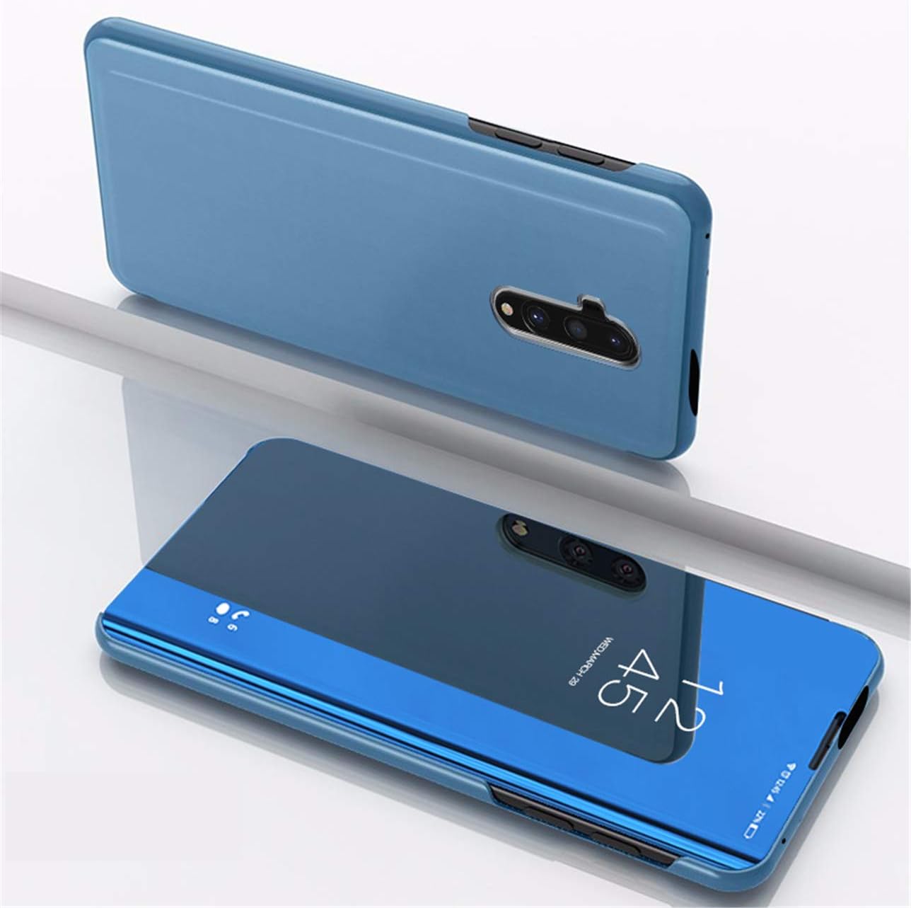 GarHold OnePlus 7T Pro Case,Clear Flip Electroplated Metal Technology Cover,PC+PU Leather Shockproof Kickstand Protective Armor Case,for OnePlus 7T Pro (Blue)