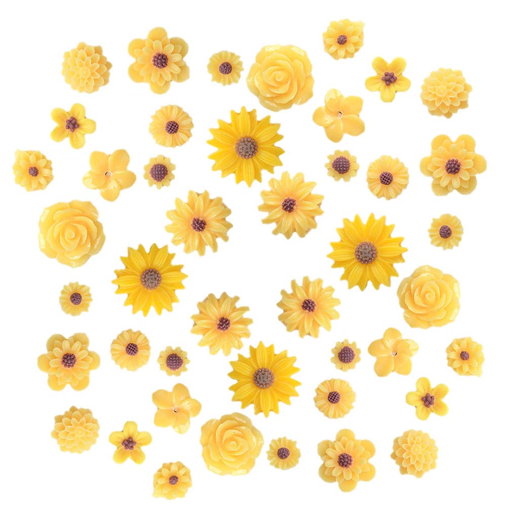 44 Pack Flower Resin Charms Daisy Peony Plastic Flatback Loose Beads for Jewellery Making Scrapbooking Phone Case Decor Hair Accessories Fairy Garden Decor (Yellow)