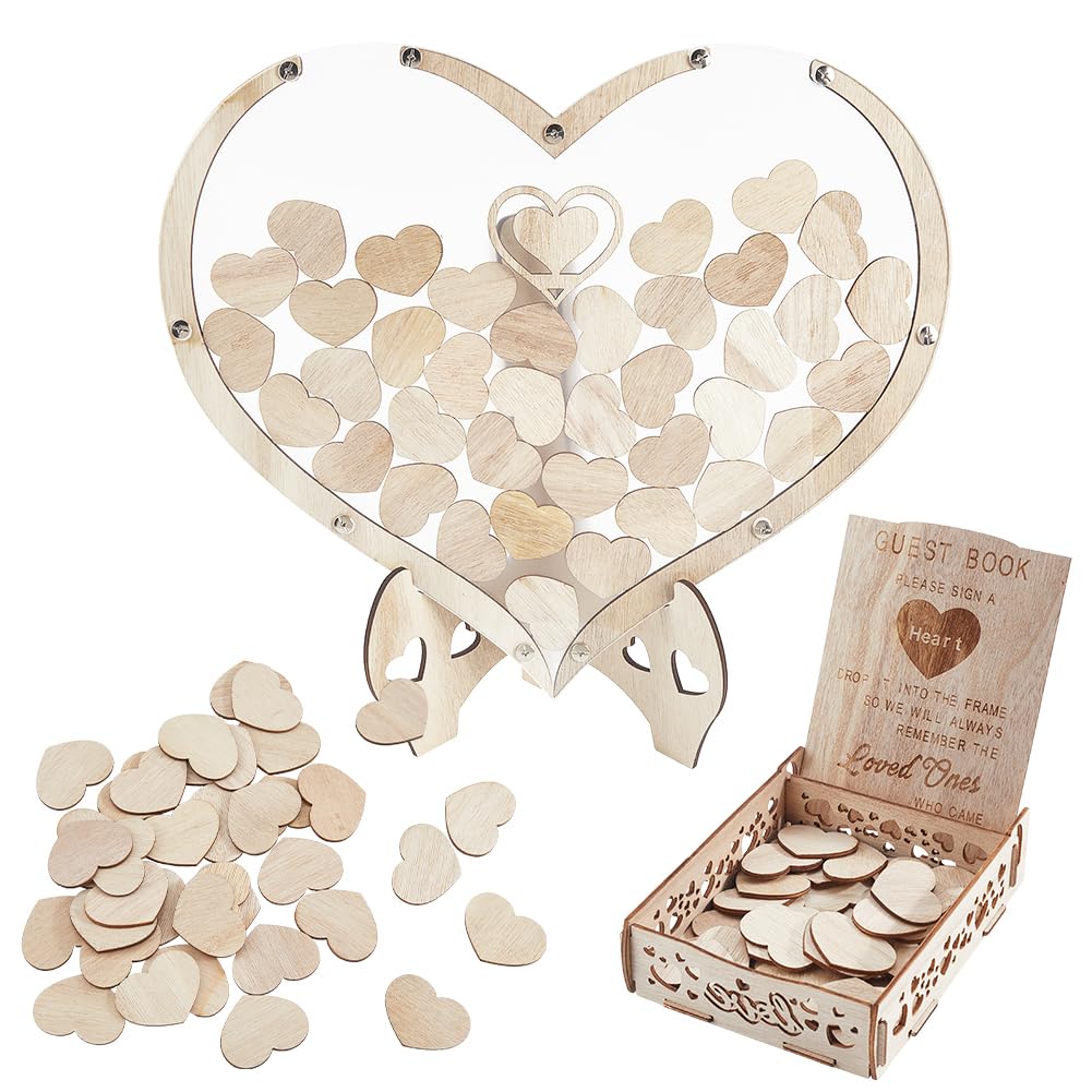GORGECRAFT Wedding Guest Book Alternative Heart Rustic Wood Wedding Reception with 93Pcs Wooden Hearts Drop Box Guestbook Sign Frame Decoration Set for Party Wedding Graduation Reception