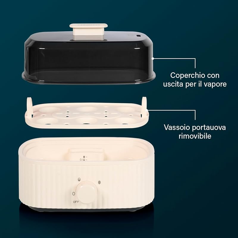 Cuociuova, Capacità 6 Uova, 300W, Misurino per Uova Sode/Morbide, Spegnimento Automatico, BPA Free, Coperchio con Vapore, Vassoio Removibile, Facile da Pulire, 262047