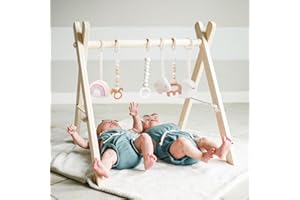 MALLIFY Wooden Baby Gym with 6 Gym Toys, Foldable Baby Play Gym, Natural Pine Wood Play Gym, Frame Activity Center Hanging Bar, Wooden Play Gym
