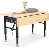 48" Adjustable Rubberwood Workbench with Foldable Extension Board &amp; Power Outlet, Extra Large 48x32In 9-Level Height 27"-37", 2000 LBS Heavy Duty for Workshop Garage Office Home