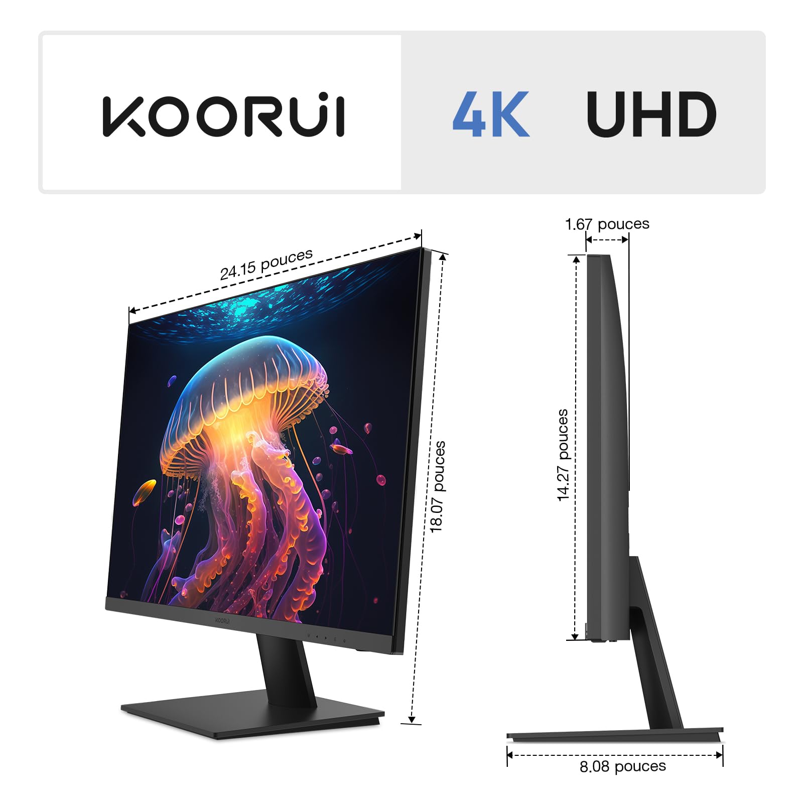 KOORUI Monitor 27 Zoll, 4K PC Bildschirm UHD(3840x2160), IPS, 4ms, 60Hz, 2X HDMI 2.0 & DisplayPort 1.4, Adpitive Sync, HDR10, VESA 100x100mm, 90% DCI-P3, Eye Care, N07 7