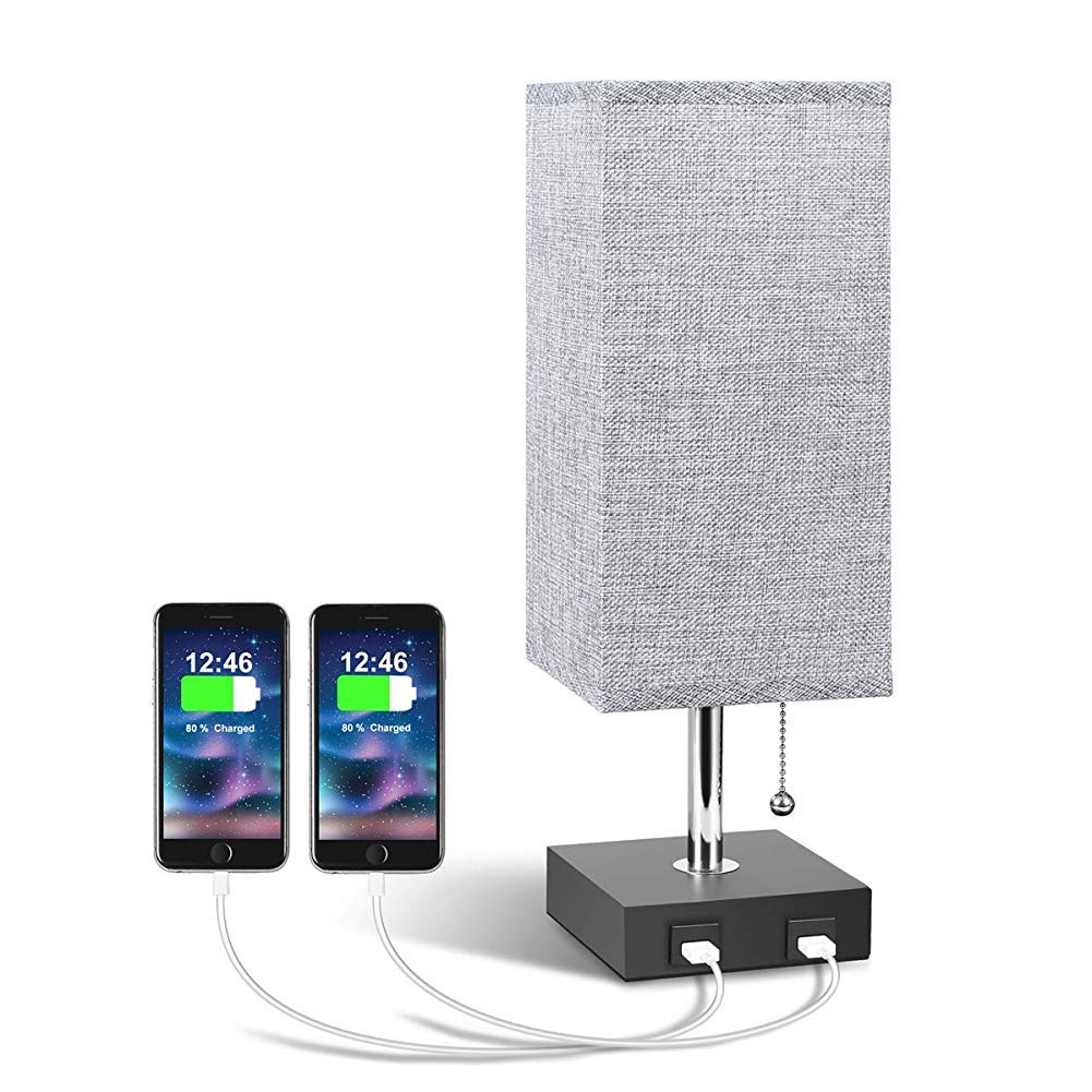 Aooshine Bedside Table Lamp, USB Bedside Lamps, Table Lamps for Bedroom with USB C and USB A Charging Ports, Bedroom Lamp with Grey Square Fabric Shade & Bedside Lamp