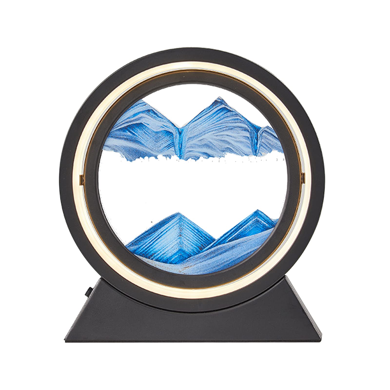 WMLBK Flowing Sand Painting, Moving Sand Art Picture with LED Light, Round Glass 3D Dynamic Hourglass Deep Sea Sandscape Liquid Motion Display Relaxing Desktop Home Office Work Decor (Blue A)