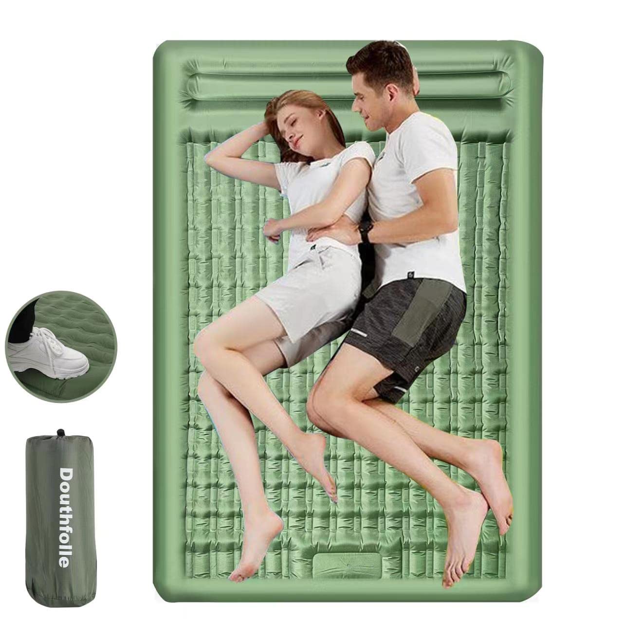 Douthfolle Double Camping Mat, 12cm Thicken Inflatable Double Camping Sleeping Pad for 2 Person Sleeping Mat with Built-in Foot Pump and Pillows for Backpacking,Hiking,Tent,Traveling