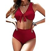 Zojuyozio Womens High Waisted Bikini Set Knot Front Two Piece Swimsuit V Neck Bathing Suit Swimwear