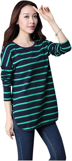 Amazon Formanism カジュアル ゆったり ルーズ ボーダー カットソー トップス ロンt レディース グリーン M Tシャツ カットソー 通販