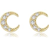 Crescent Moon Stud Earrings for Women 925 Sterling Silver CZ Cartilage Earring Mini Dainty Cubic Zirconia Diamond Piercing Jewelry