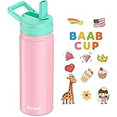 baab 18oz Kids Water Bottle, Insulated Water Bottle with Straw & Stickers, 18/8 Stainless Steel Vacuum Leakproof Kids Water Straw Cup for School, Perfect for Boy Girl (Pink, 1 Pack)