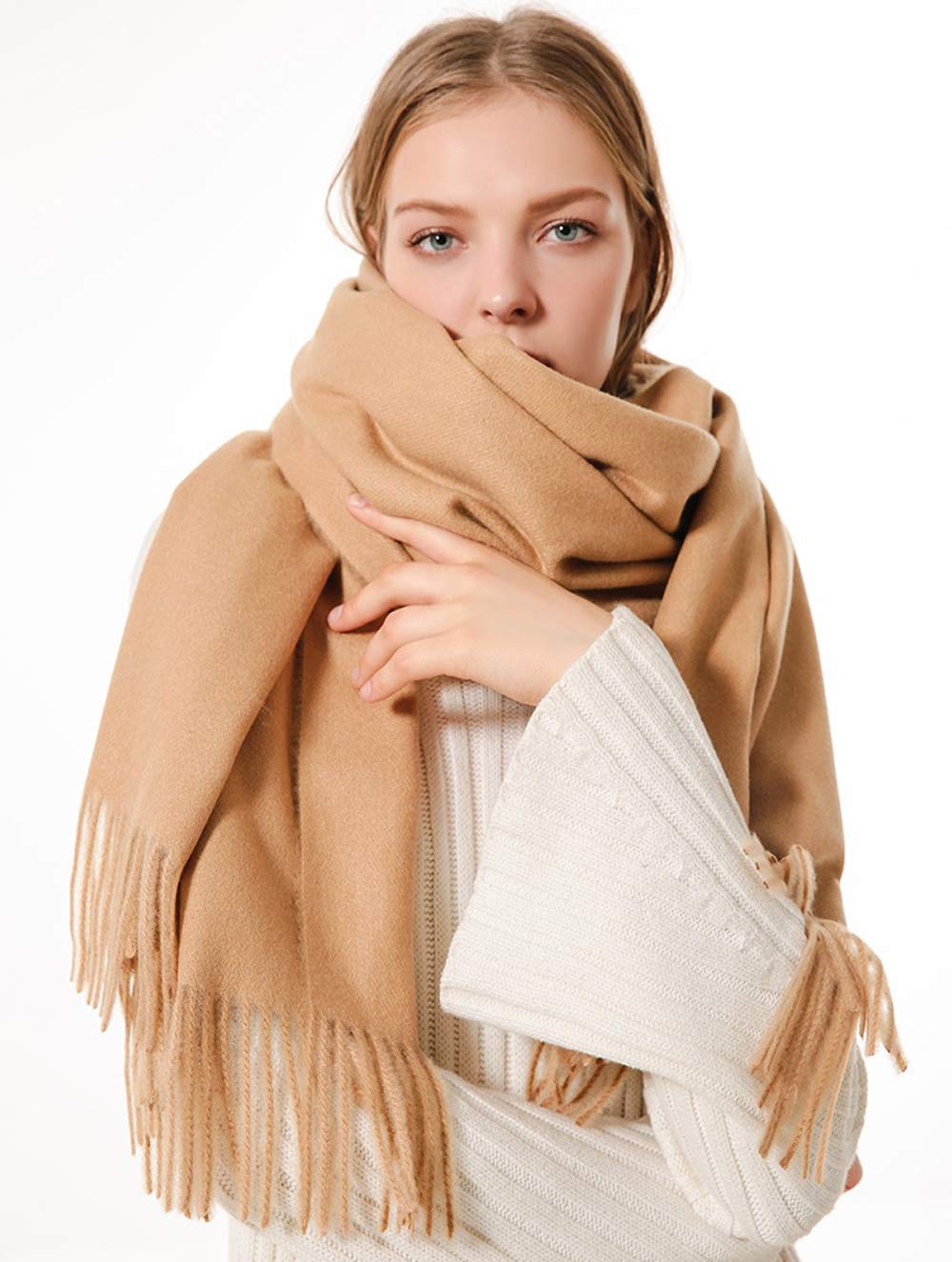 Solid Color Cashmere Scarf for Women Soft Pashmina Wraps Shawls with Fringe for Winter (Camel)