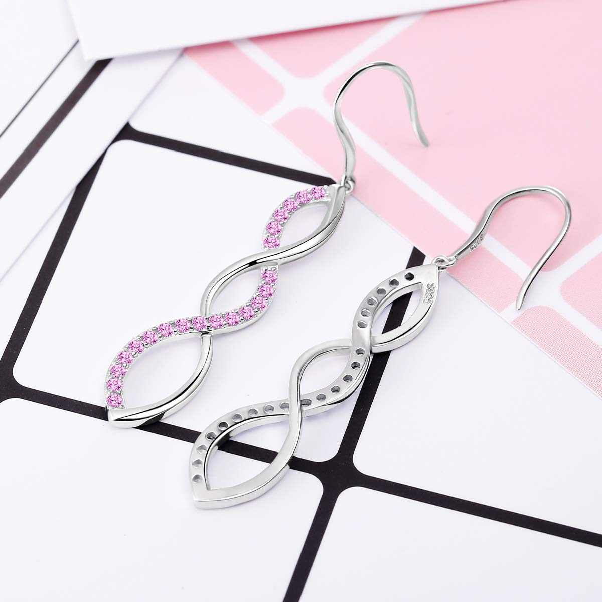Women\'s 925 Sterling Silver Earrings, Pink Dangle Drop Hook Earring DE0062P