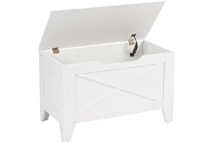 VECELO 30" Storage Chest with Lift Top Storage, Farmhouse Style Ottoman with Handwoven Wicker Cushion, Safety Hinges, Ideal for Entryway, Bedroom, Living Room, Ivory White