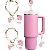 Straw Cover for Stanley Cup Accessories, Strawberry Charms for Stanley Cups, Cute Silicone Straws Topper Covers for 30 40 oz Tumbler with Handle, 10mm 0.4in Straw Lid Cap (pink)