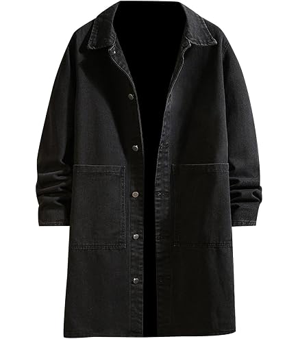Akklian Mens Long Denim Trench Coat Classic Lapel Button Down