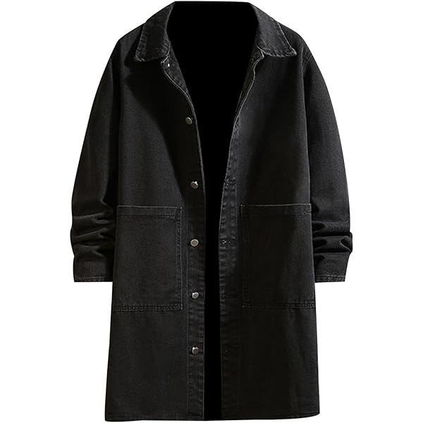 Akklian Mens Long Denim Trench Coat Classic Lapel Button Down