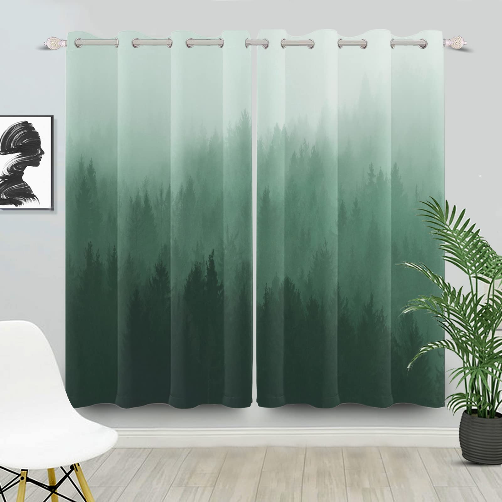 Bovlleetd Green Blackout Curtains for Bedroom Gradient Color Forest Ombre Thermal Insulated Window Drapes Noise Reduction Curtains for Living Room 55x88inch (Width x Length) Set 2 Panels