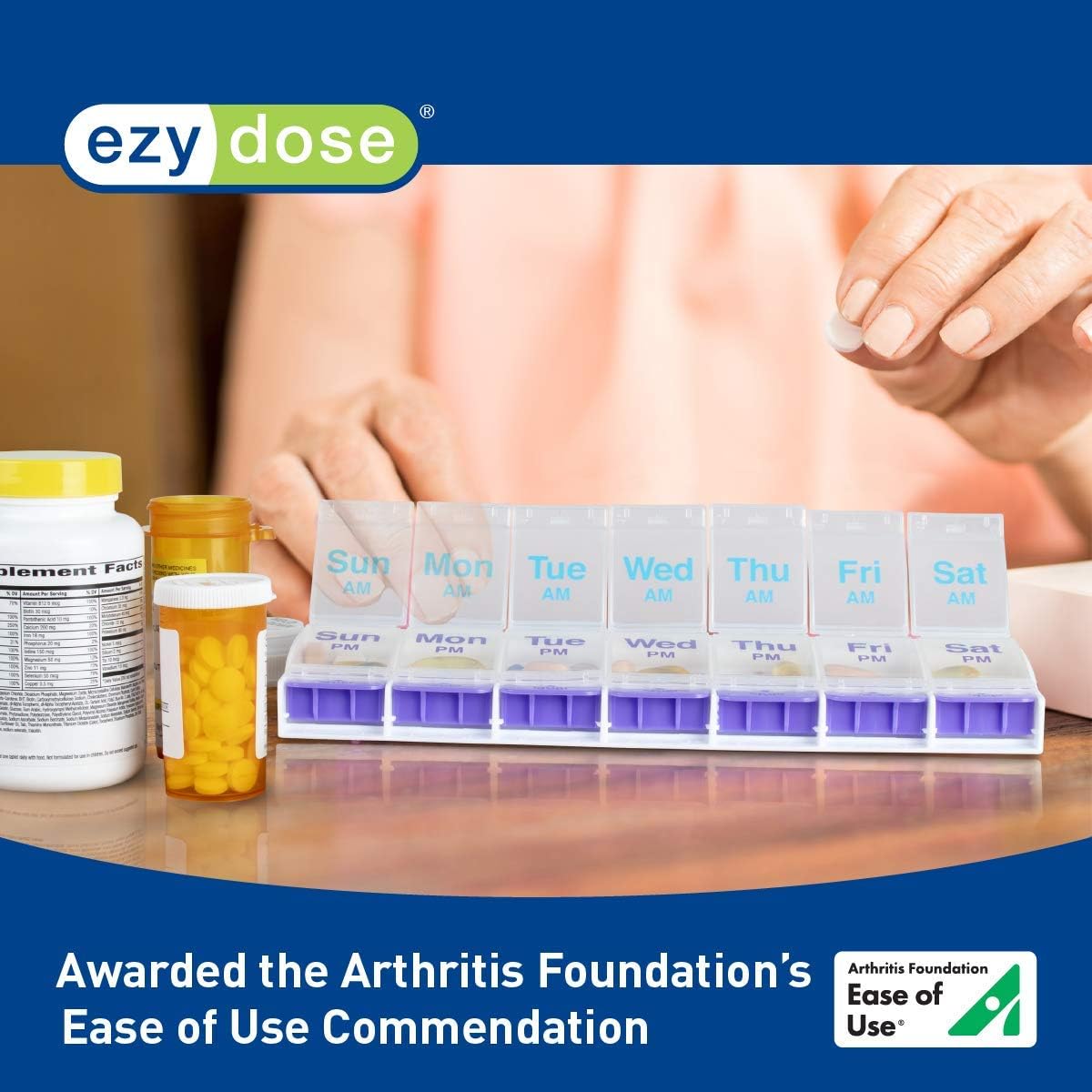 Ezy Dose Push Button (7-Day) Pill, Medicine, Vitamin Organizer Box | Weekly, 2 Times a Day, AM PM | Large Compartments | Arthritis Friendly | Clear Lids: Health & Personal Care