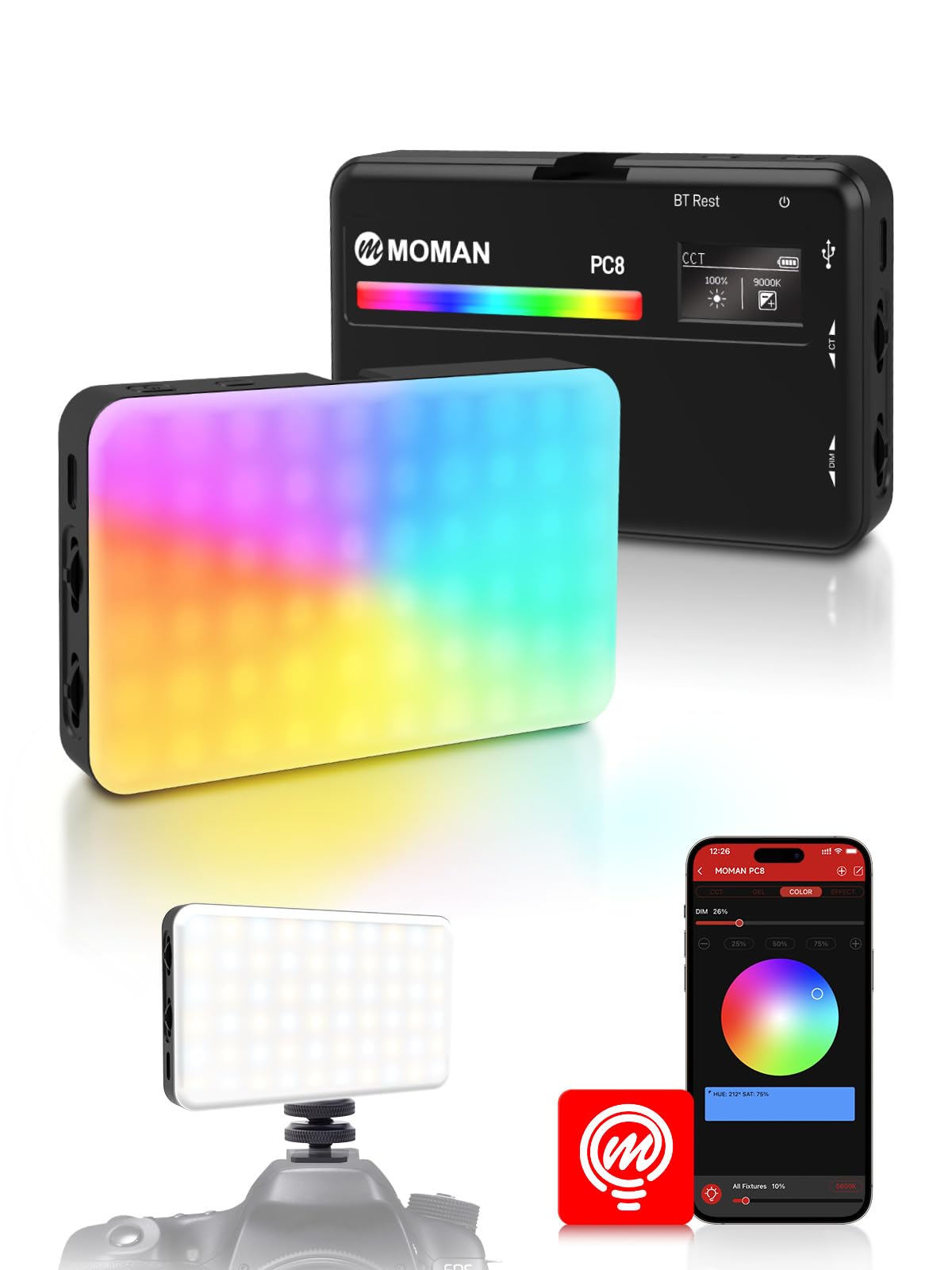 Moman LED Camera Light, RGB Video Lights for Photography, App Wireless Control, 2500-9000K, CRI 95+, Long Battery Life, Portable Lighting Panel with Cold Shoe, Fits for GoPro Sony Canon Image