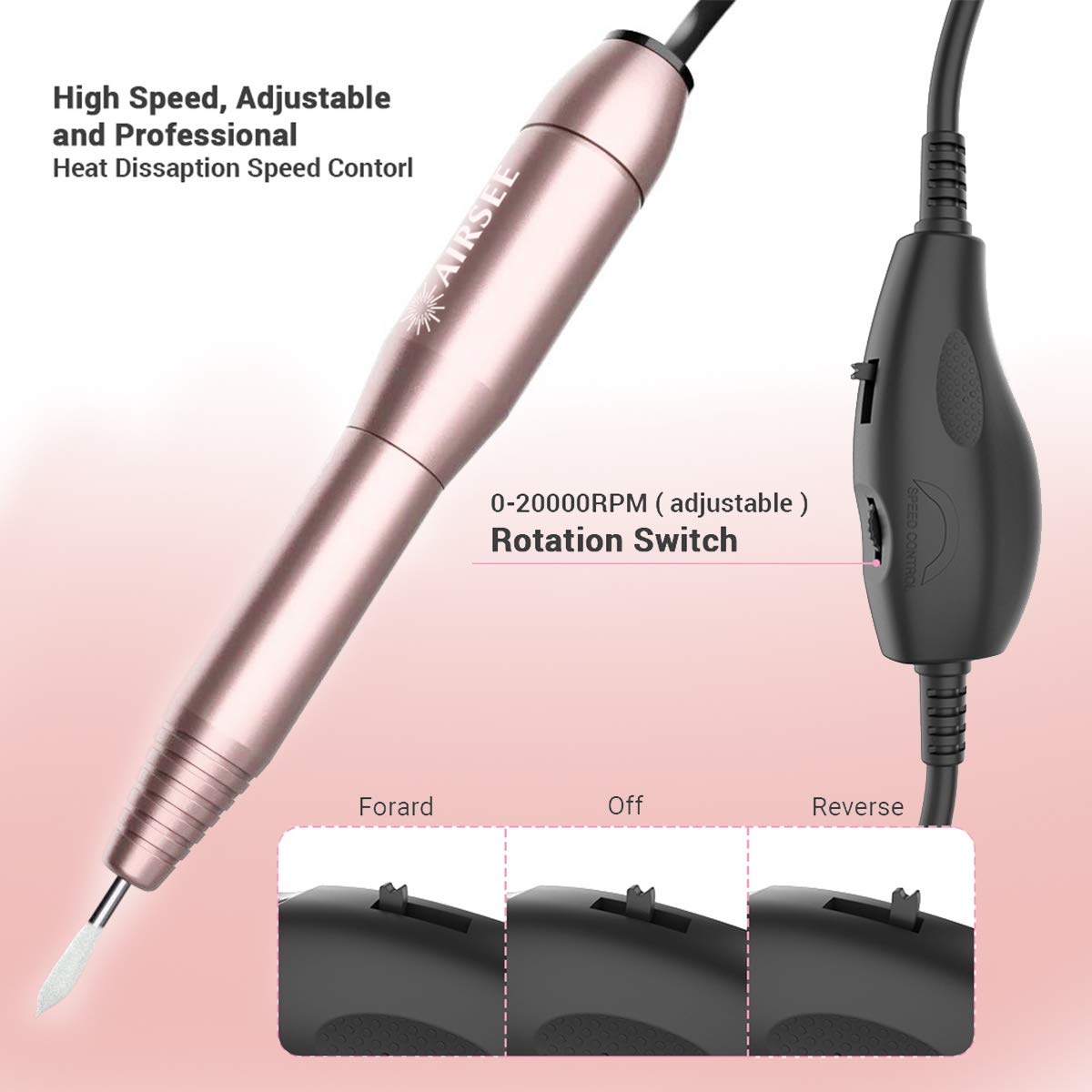 AIRSEE Portable Electric Nail Drill Professional Efile Kit For Acrylic, Gel Nails, Polishing Shape Tools with 11Pcs Nail Drill Bits, 26 Sanding Bands, Glass Nail File, Manicure Set, Nail Brush (Gold): Beauty