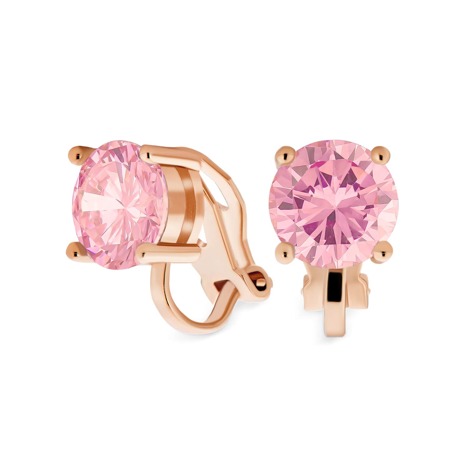 Pink Brilliant Cut Solitaire Round Cubic Zirconia CZ Clip On Stud Earrings For Women Rose Gold Plated Brass
