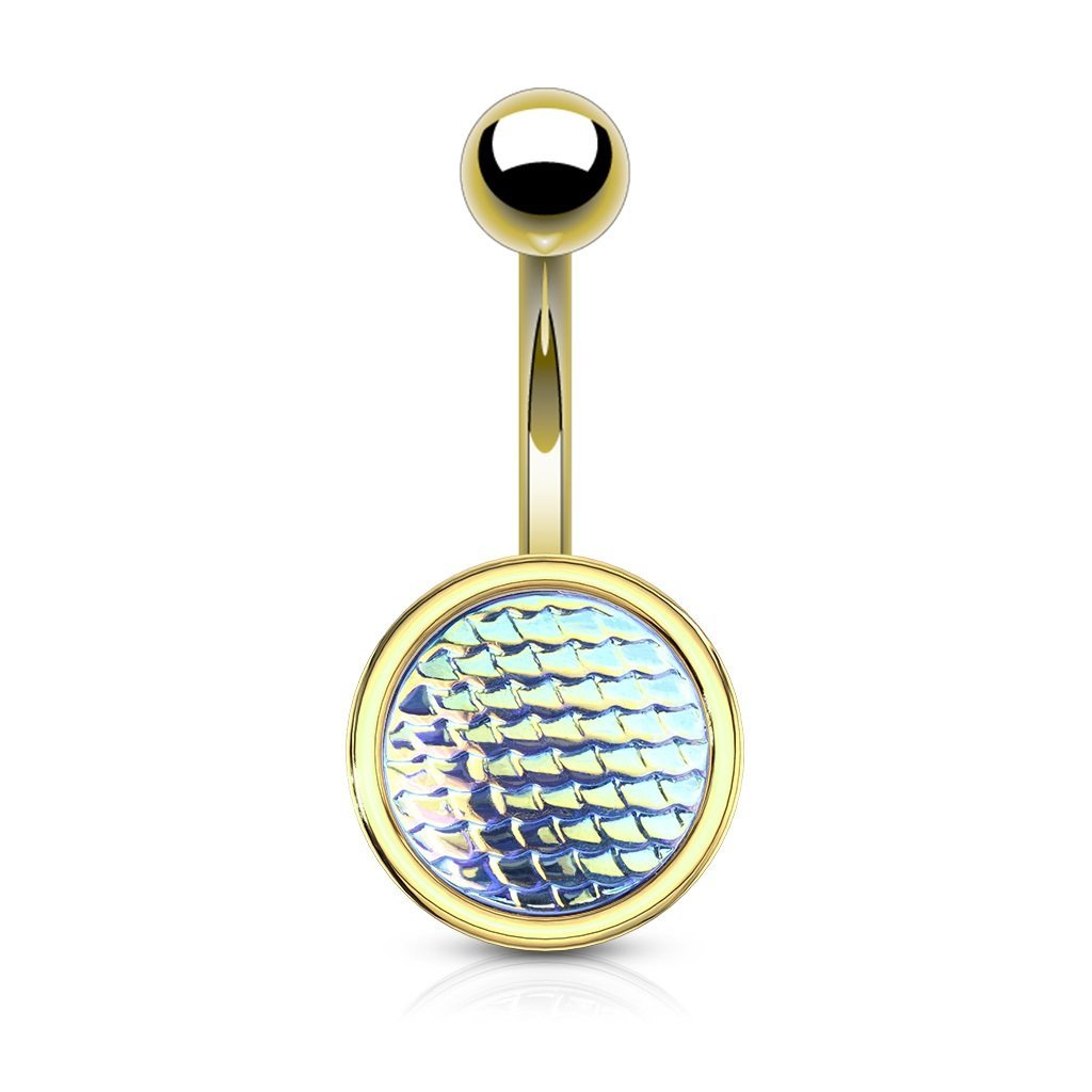 PiercedOff 316L Surgical Steel Gold Tone Belly Bar with Holographic Aqua Dragon Scales - Thickness 14GA (1.6mm) / Length 10mm / Ball Size 5mm and 12mm for Lower Disc