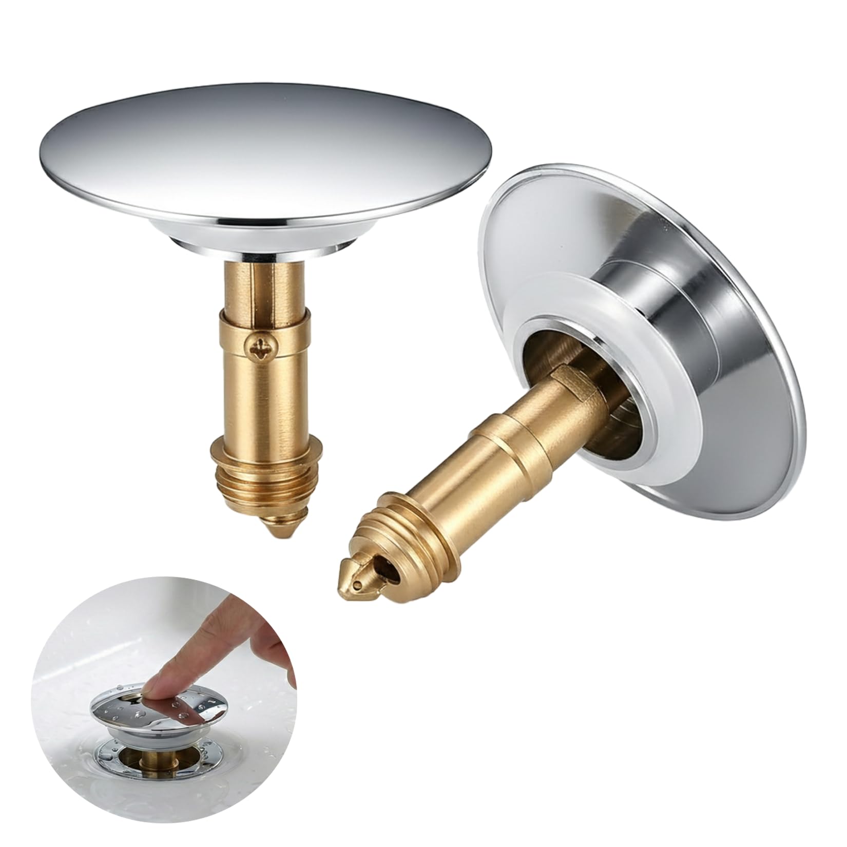 2 Sink Plug Replacements, Pop-up Bathroom Sink Plug Replacement, Brass Push-in Plug Suitable for 36 MM-39 MM, for Use in Kitchens and Bathrooms, 67 MM Chrome-plated Basin plug with Sealing Ring.