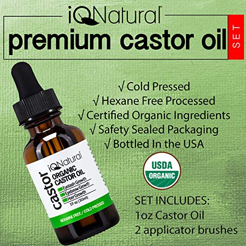 Organic Castor Oil - 100% USDA Certified Pure Cold Pressed - Boost Growth For Eyelashes, Hair, Eyebrows, Face and Skin - with Treatment Applicator Kit 1oz (30ml) ((2 Pack) 1oz each CASTER)