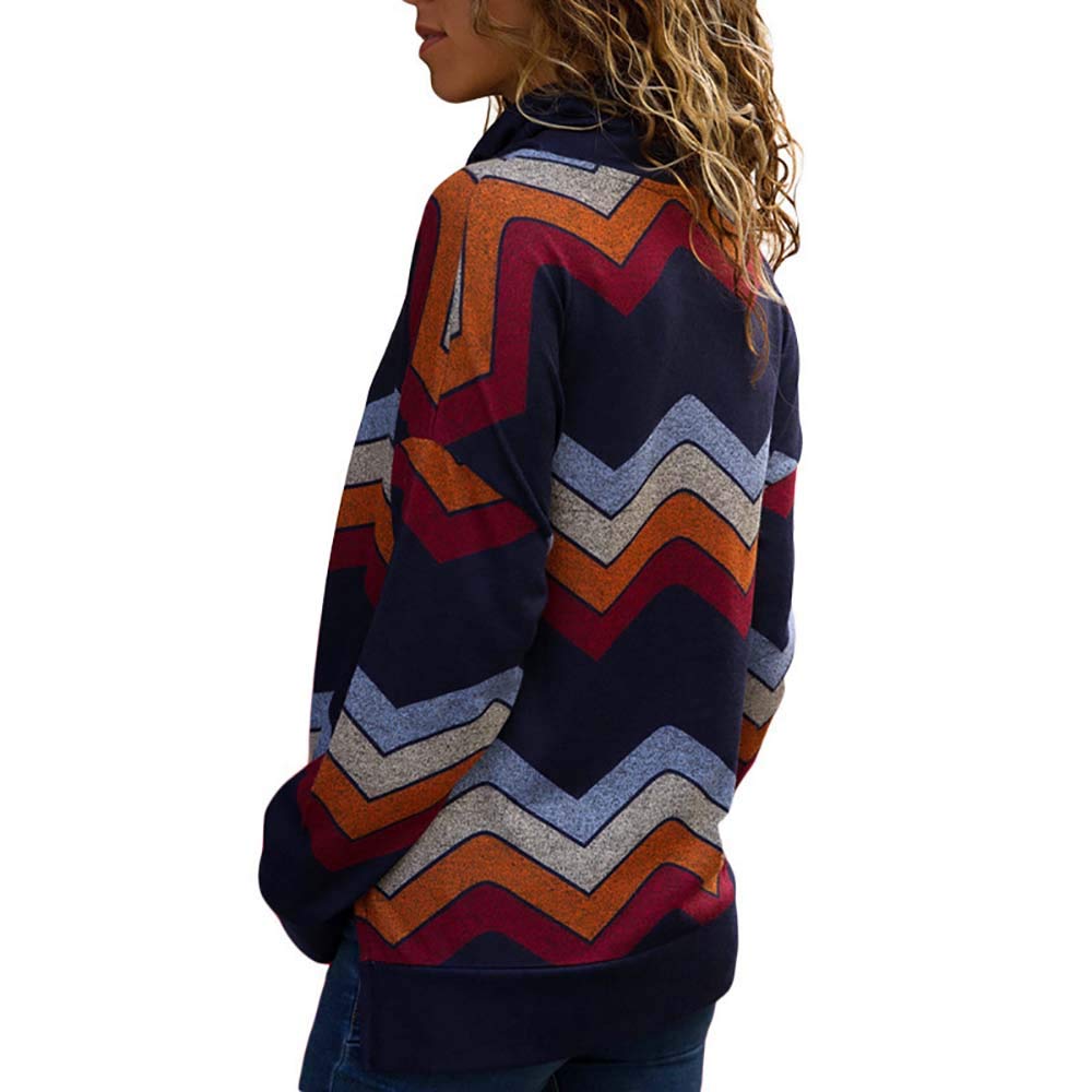 Pevor Womens Casual Henley Shirts Turtleneck Long Sleeve Geometric Print Pullover Sweatshirts Loose Fit Plain Tunic Tops Blouse Navy XXL