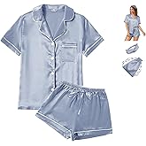 4Pcs Womens Satin Silky Pajama Sets Short Sleeve Shirt XS-4XL Floral Pajamas Set Soft PJ Loungewear Sleepwear