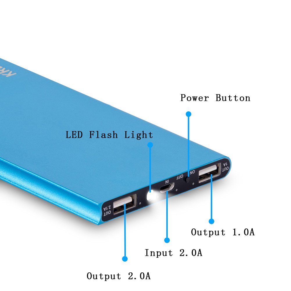 Krecoo 20000mAh Batteria Esterna Power Bank Portatile Custodia in Metallo Ultrasottile Torce a LED 2 Caricabatterie USB Compatibile con Tutti Genere Cellulari & Tablet PC, Dispositivi