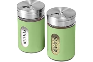 STJKBDFC Sugar Shaker Duster Stainless Steel and Glass Set with Adjustable Pour Holes Cinnamon Shaker For Coffee Bar,set of 2 (Green)