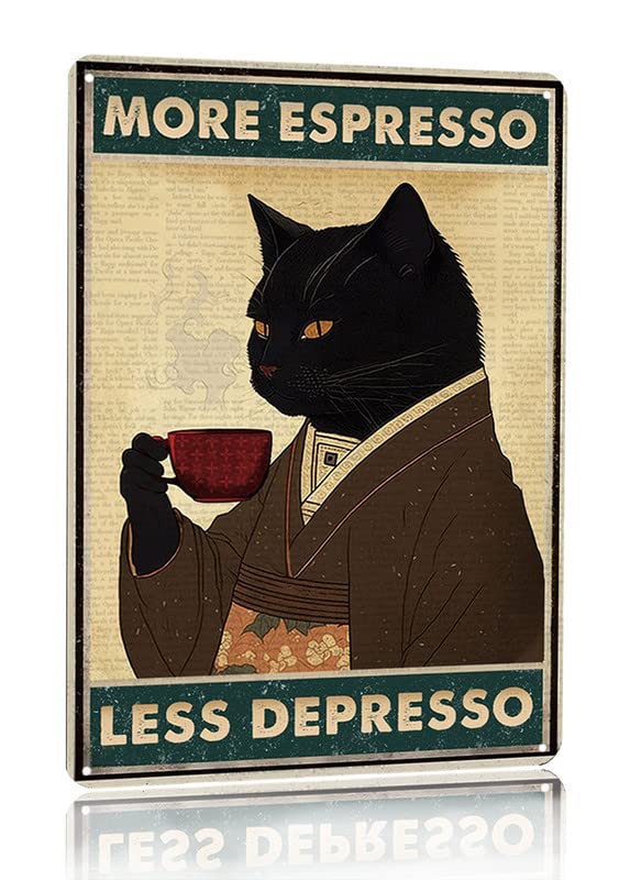 Photo 1 of Vintage Black Cat Coffee Poster More Espresso Less Depresso Wall Sign Novelty Metal Tin Sign Home Vintage Art Decor Iron Painting 8X12 Inch