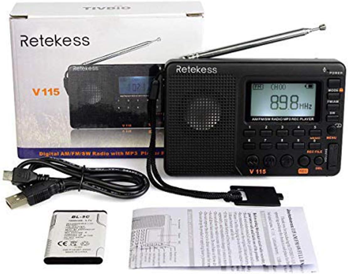 Retekess V115 Portable AM FM Radio with Shortwave Radio MP3 Player Digital Record Support Micro SD TF Card Sleep Timer and Rechargeable Battery(Black): Electronics
