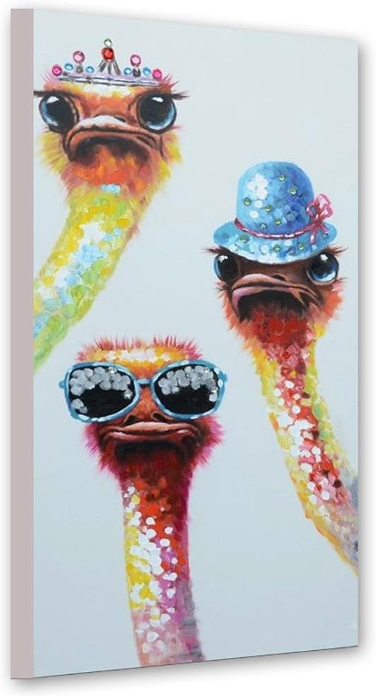 Paintings - Hand Painted 3 Ostriches Paintings Lovely Canvas Animal Paintings Funny Ostrich Wall Decor Pictures Modern Canvas Wall Art Home Decor For Living Room Office Bedroom Ready to Hang 24