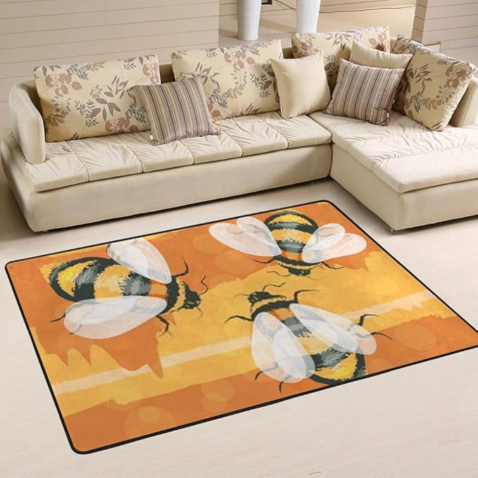 Kuizee Area Rug ﻿Cute Bee Bumblebee Orange Rectangle