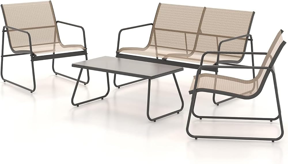 Grand patio 4-Piece Conversation Set Brown Garden Table Chairs Mesh Sling