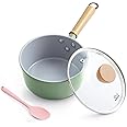 ROCKURWOK Ceramic Nonstick Sauce Pan with Lid, 1.5 Qt Small Pots for Cooking, Small Pot Wooden Handle for Cool Touch, Non Toxic & Pfas-Free Saucepan, Universal Base(Gas, Electric & Induction), Green