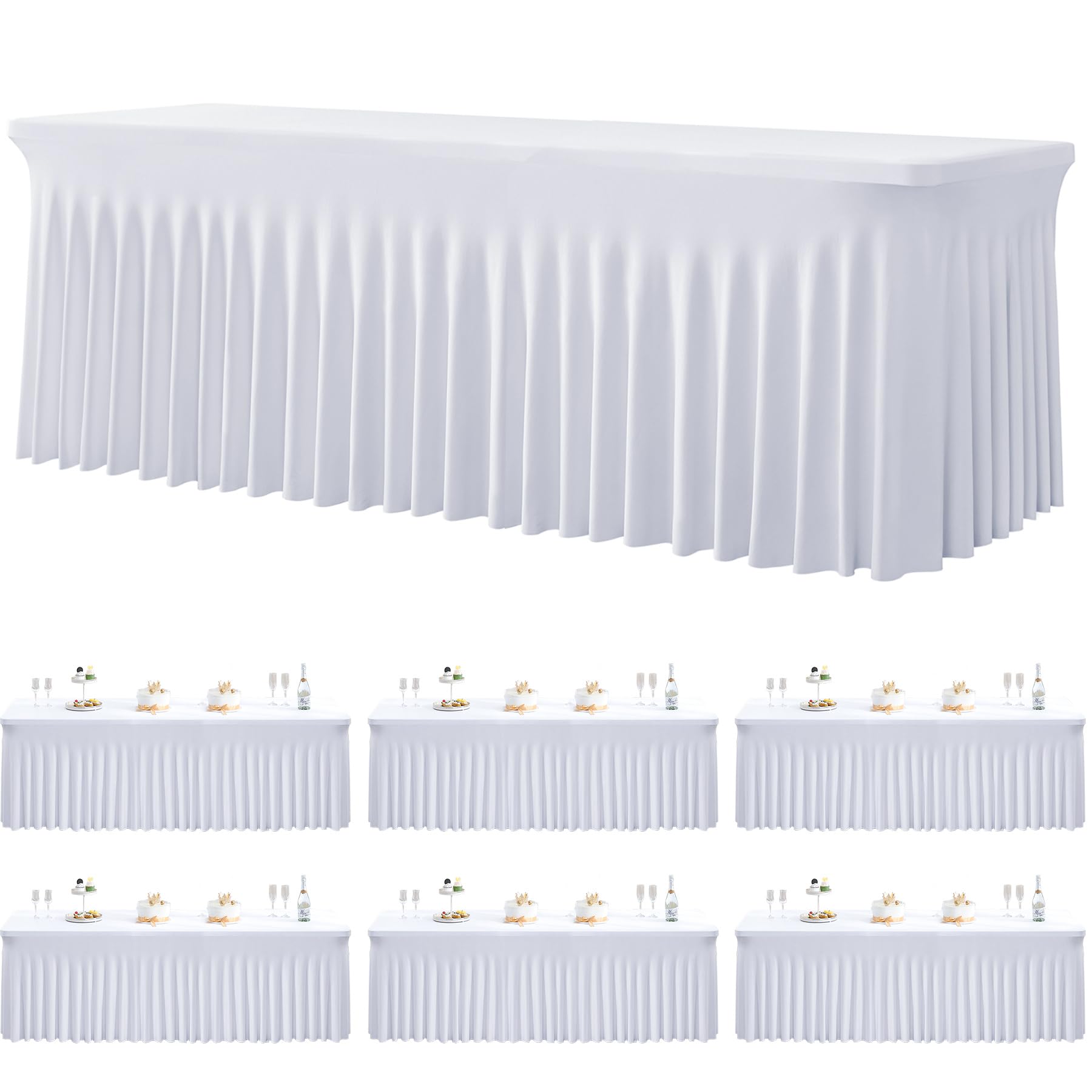 Photo 1 of 6 Pack Spandex White Tablesloths for 8 Foot Rectangle Tables, Stretchy Table Cloths 8ft Fitted Table Cover Desk Skirt for Parties Weddings Birthday Banquet Baby Shower