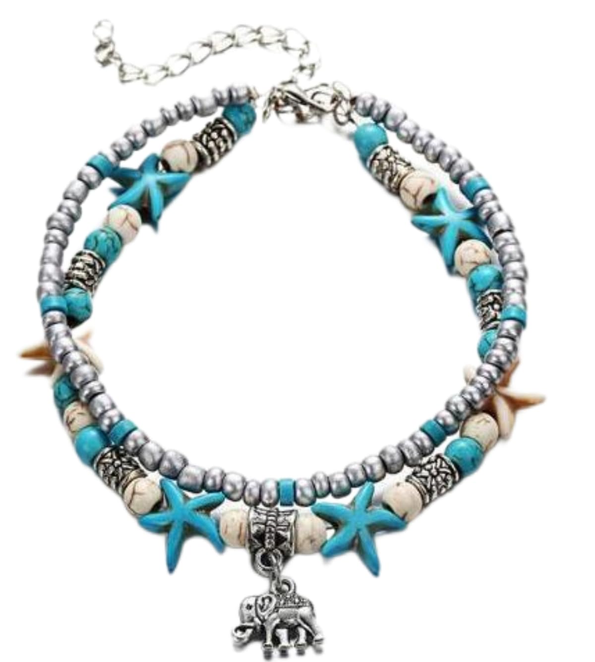 Chaioe Boho Double Turquoise Anklet Silver Elephant Anklet Bracelets Starfish Foot Chains for Women and Girls