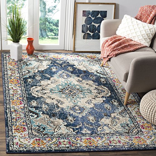 Safavieh Monaco Collection MNC243N Vintage Bohemian Navy and Light Blue Distressed Square Area Rug (5' Square)