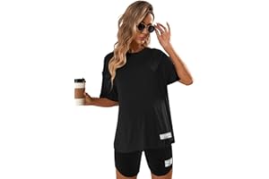 OYOANGLE Women's Maternity 2 Piece Pajamas Oufits Set Loose Casual Short Sleeve T-Shirt and Shorts