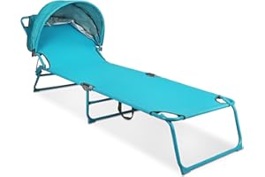 Northroad Outdoor Lounge Chair, Tanning Chair with Sunshade Roof, Adjustable Backrest Folding Chaise Lounge, Reclining Beach Bed for Beach, Camping, Hiking -Blue