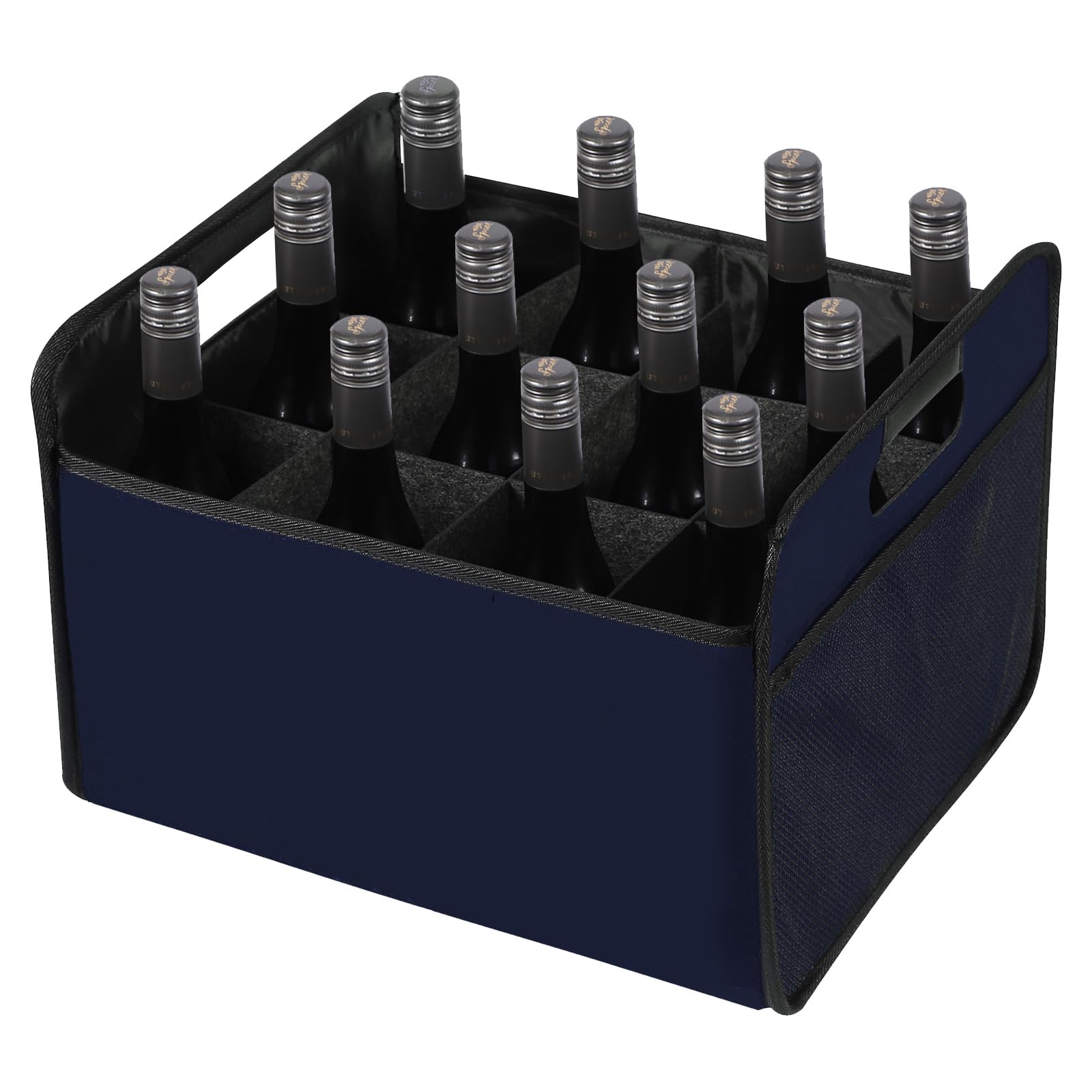 LITLANDSTAR 12 Bottle Wine Carrier, Collapsible Wine Storage Box Premium Felt Liquor Bottle Tote with Handles for Travel/Party/Picnic/Vacation, Dark Blue