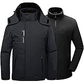 Kugnala Mens Winter Skiing Jacket 3 in 1 Waterproof Warm Snow Fleece Lining Coat Hooded Windproof Jacket S-6XL