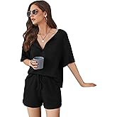 WDIRARA Women's Waffle Knit V Neck Short Sleeve Top and Shorts Set Tracksuits