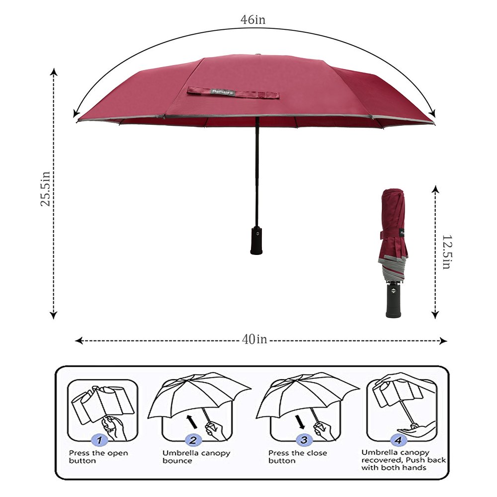 Monstleo LED Flashlight Umbrella, Compact Travel Umbrella,Fully-Automatic Folding Umbrella with Rotating Led Lighting Handle (Wine Red)