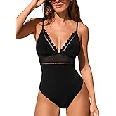 CUPSHE Women's One Piece Swimsuit Scalloped V Neck Bathing Suit Mesh Cutout Adjustable Straps Spaghetti Textured Sexy