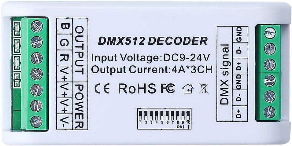 CHINLY 3 Channel DMX 512 RGB 12A LED Strip Controller DMX Decoder Dimmer Driver DC12V-24V for RGB LED Strip Module Plastic Cover