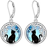 Cat Earrings Moonstone Black Cat Earrings for Women 925 Sterling Silver Cute Leverback Dangle Drop Filigree Butterfly Jewelry Gifts